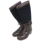 Chanel CC Logo Tweed Cut Replacement Leather Lace Up Zip Long Boots Shoes Brown — view 2
