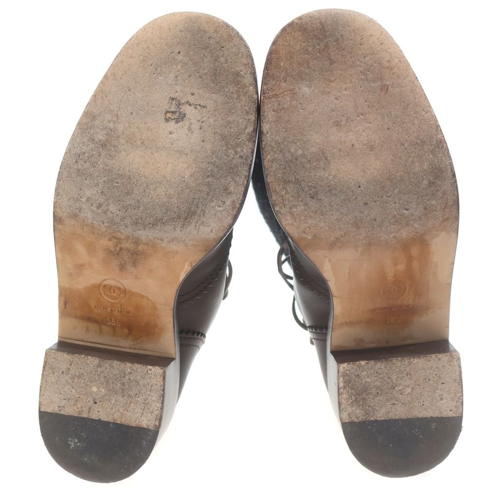 Chanel CC Logo Tweed Cut Replacement Leather Lace Up Zip Long Boots Shoes Brown — view 5