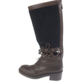 Chanel CC Logo Tweed Cut Replacement Leather Lace Up Zip Long Boots Shoes Brown
