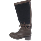 Chanel CC Logo Tweed Cut Replacement Leather Lace Up Zip Long Boots Shoes Brown