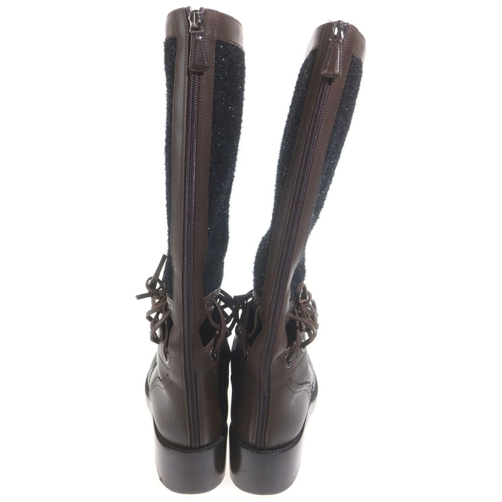 Chanel CC Logo Tweed Cut Replacement Leather Lace Up Zip Long Boots Shoes Brown — view 3