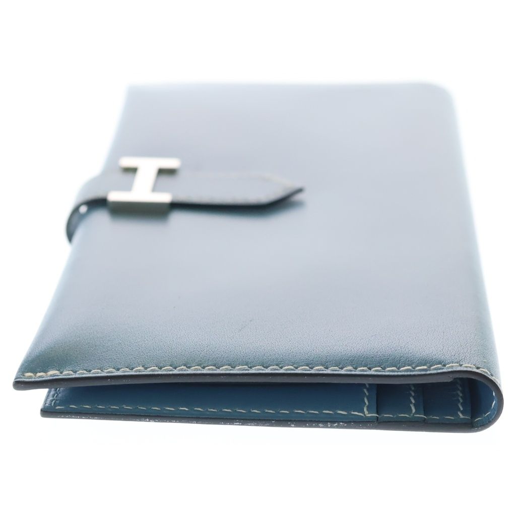Hermes Bearn Classic Blue Jean Chevre Wallet Card Case Leather Silver — view 3