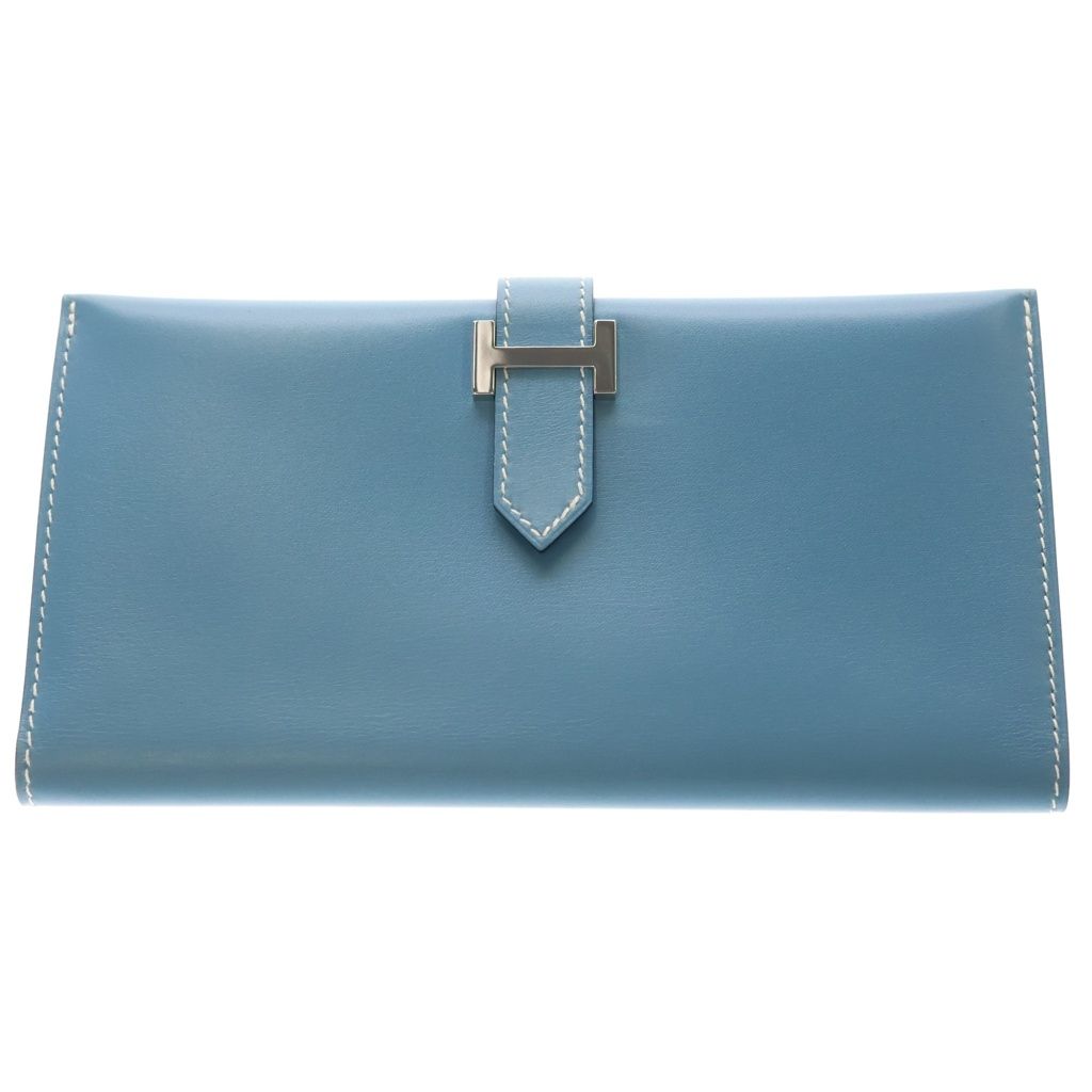 Hermes Bearn Classic Blue Jean Chevre Wallet Card Case Leather Silver