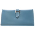 Hermes Bearn Classic Blue Jean Chevre Wallet Card Case Leather Silver