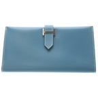 Hermes Bearn Classic Blue Jean Chevre Wallet Card Case Leather Silver