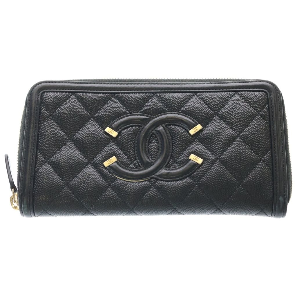 Chanel CC Filigree Zip Around Wallet Black Leather Gold