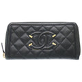 Chanel CC Filigree Zip Around Wallet Black Leather Gold