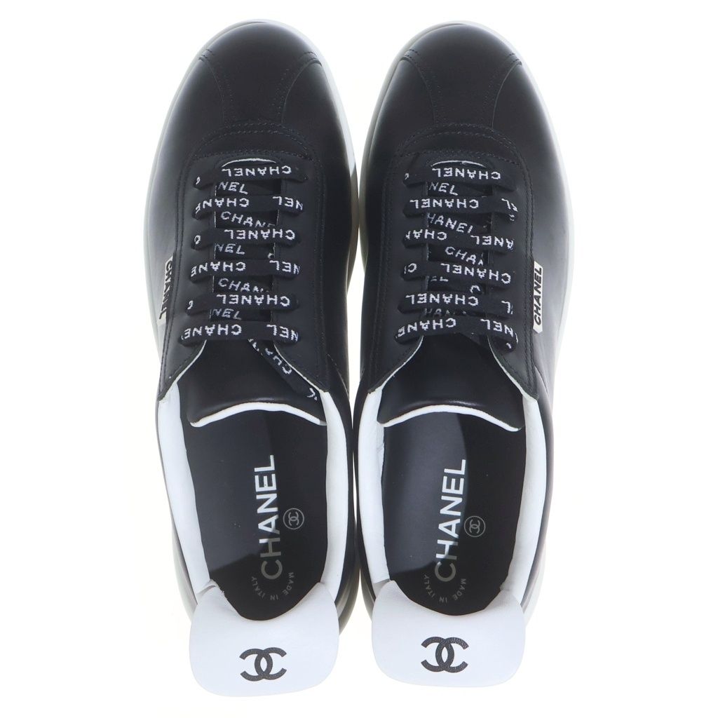 Chanel Logo Leather Low Cut Sneakers Black — view 4