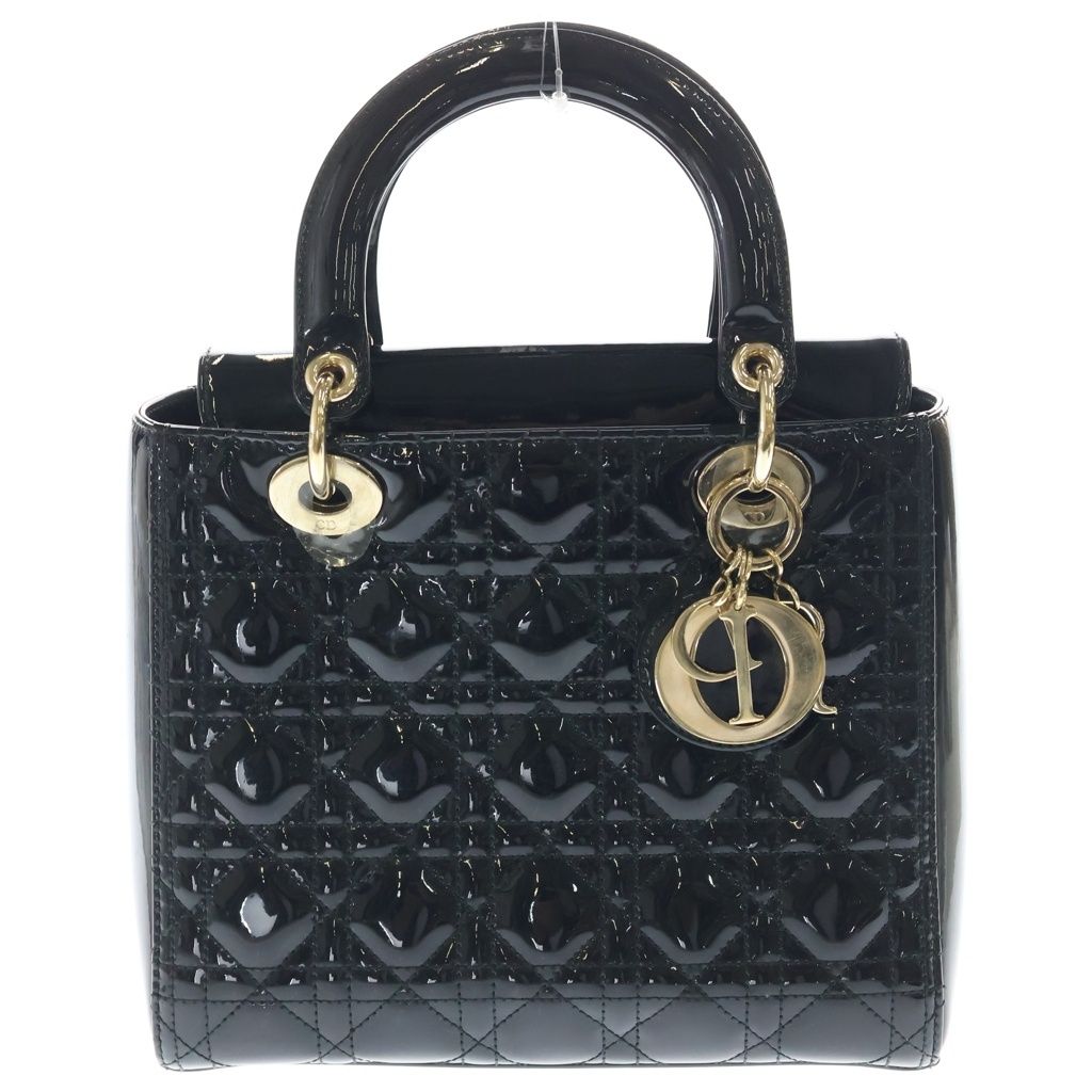Dior Lady Cannage Patent Leather Gold 2-Way Shoulder Bag Black