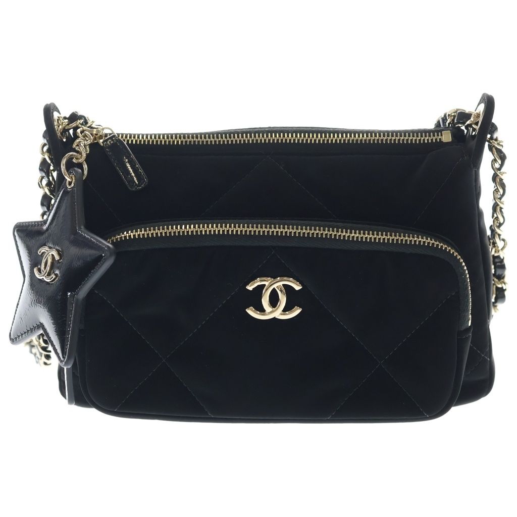 Chanel Quilted Chain Clutch Shoulder Bag Velvet Effect Nylon Gold Black
