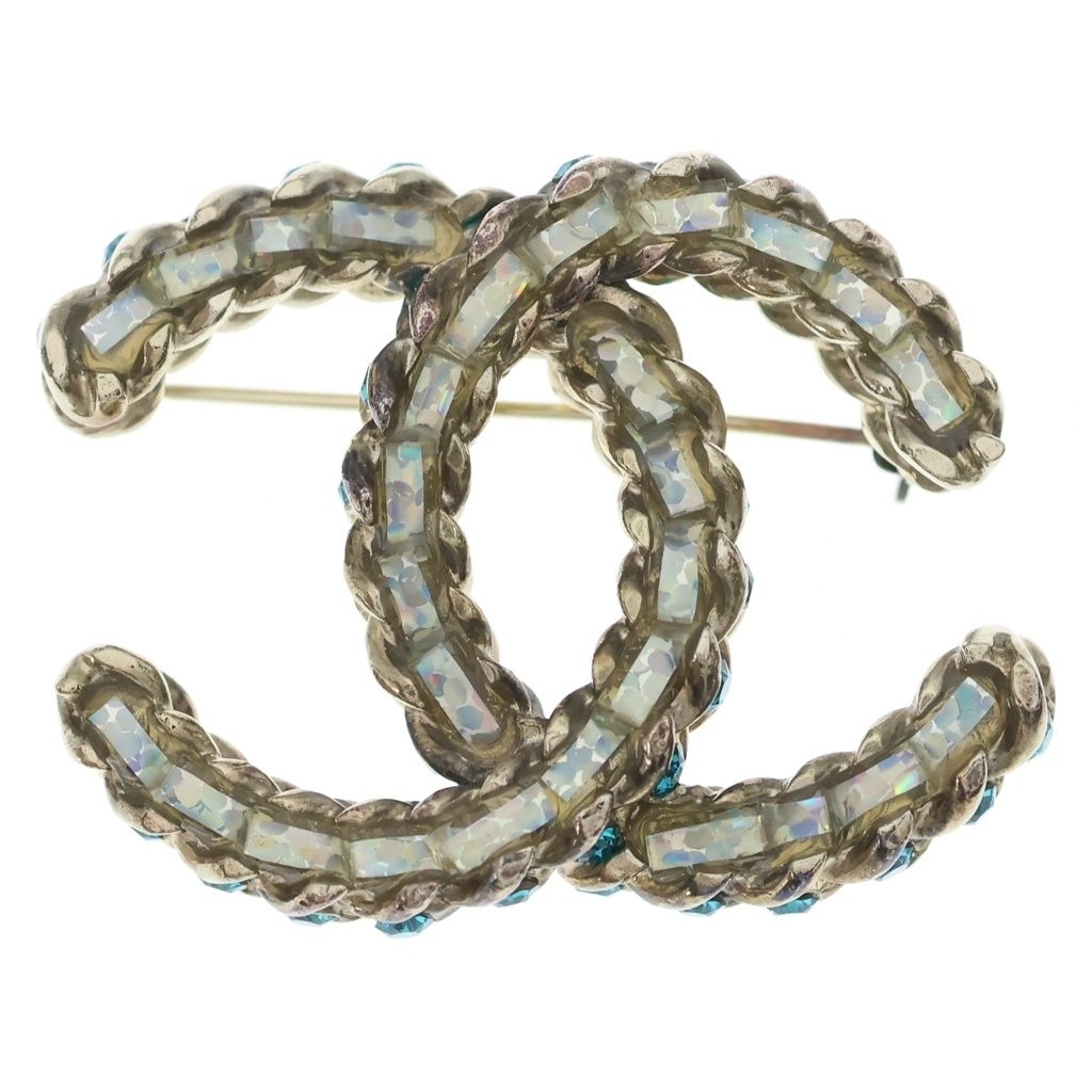 Chanel CC Logo Brooch CC Pin Rhinestone Gold Green