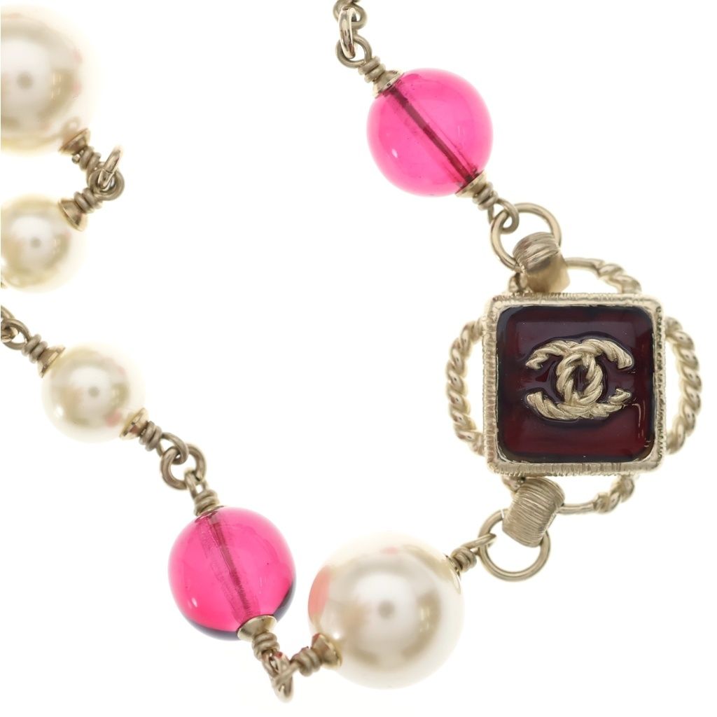 Chanel CC Logo Double Strand Pearl Beads Pendant White Gold Pink — view 3