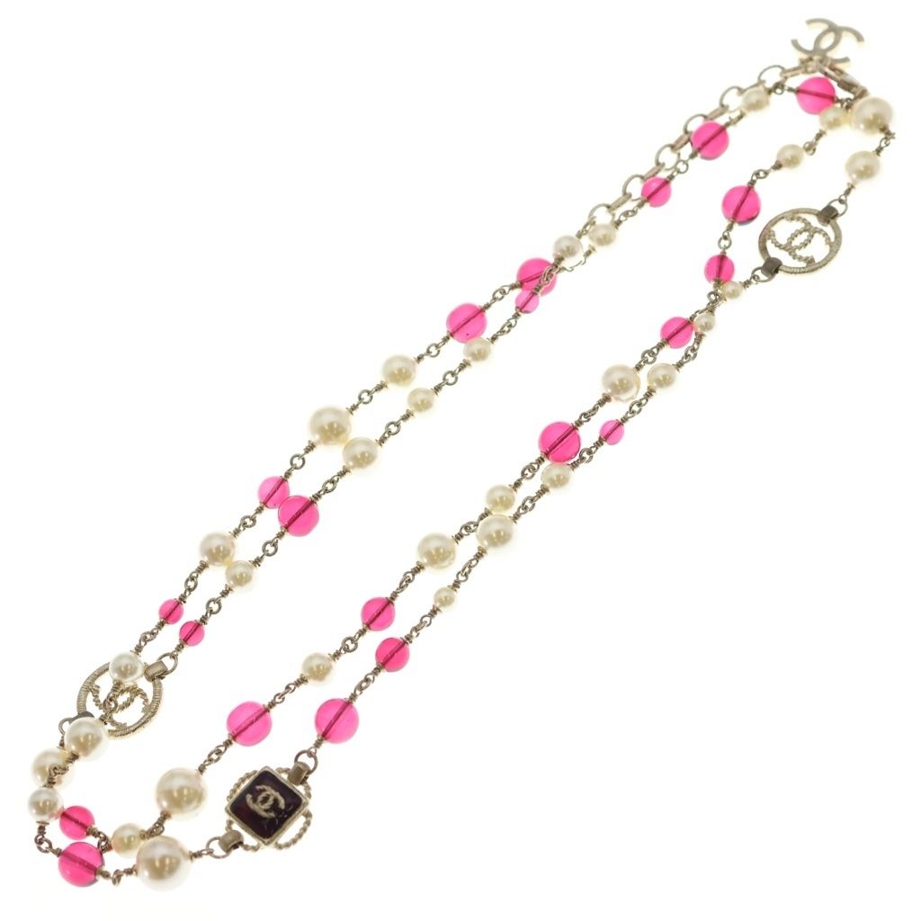 Chanel CC Logo Double Strand Pearl Beads Pendant White Gold Pink — view 2