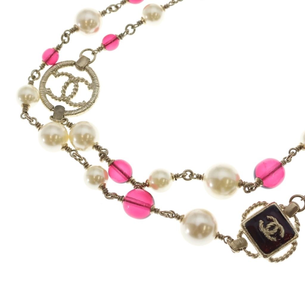 Chanel CC Logo Double Strand Pearl Beads Pendant White Gold Pink
