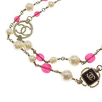 Chanel CC Logo Double Strand Pearl Beads Pendant White Gold Pink