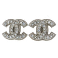 Chanel CC Logo Rhinestone Earrings Silver