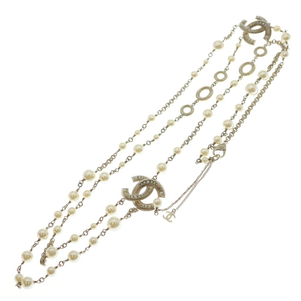 Chanel CC Logo Double Strand Pearl Pendant Chain White Gold — view 2