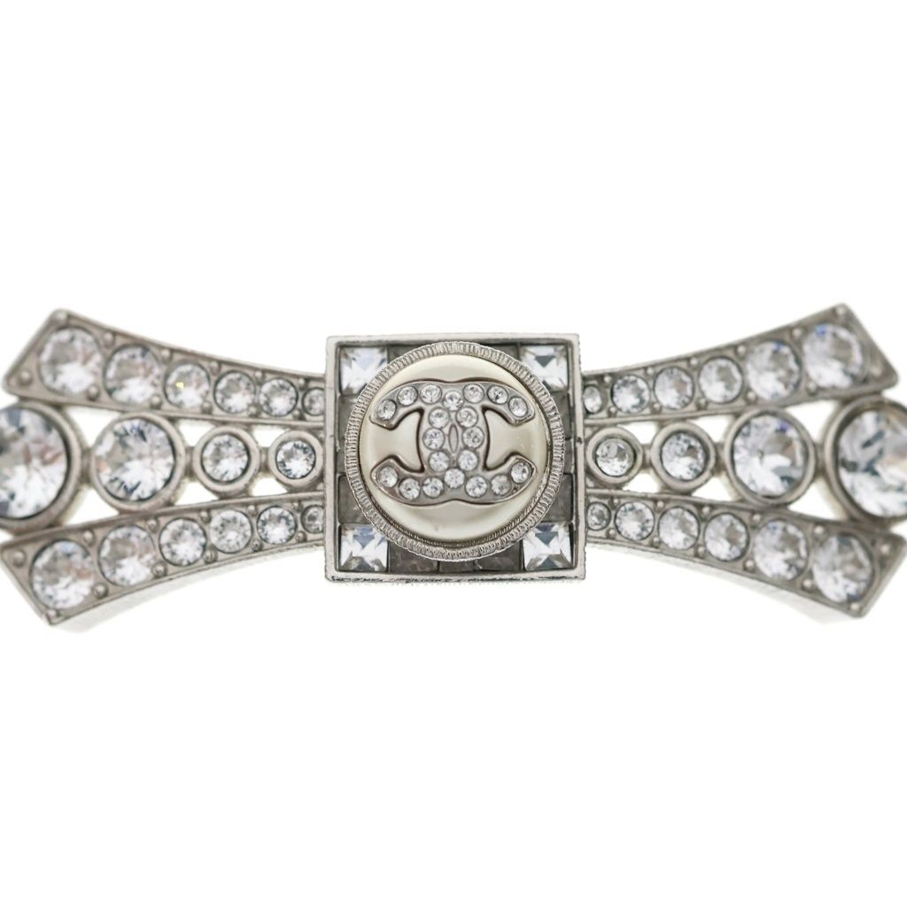 Chanel CC Logo Rhinestone Ribbon Choker Necklace Silver — view 3
