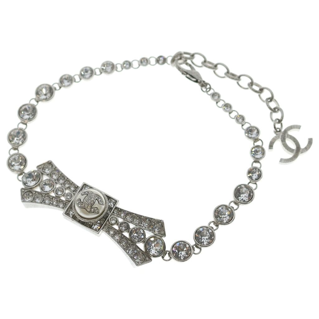 Chanel CC Logo Rhinestone Ribbon Choker Necklace Silver — view 2