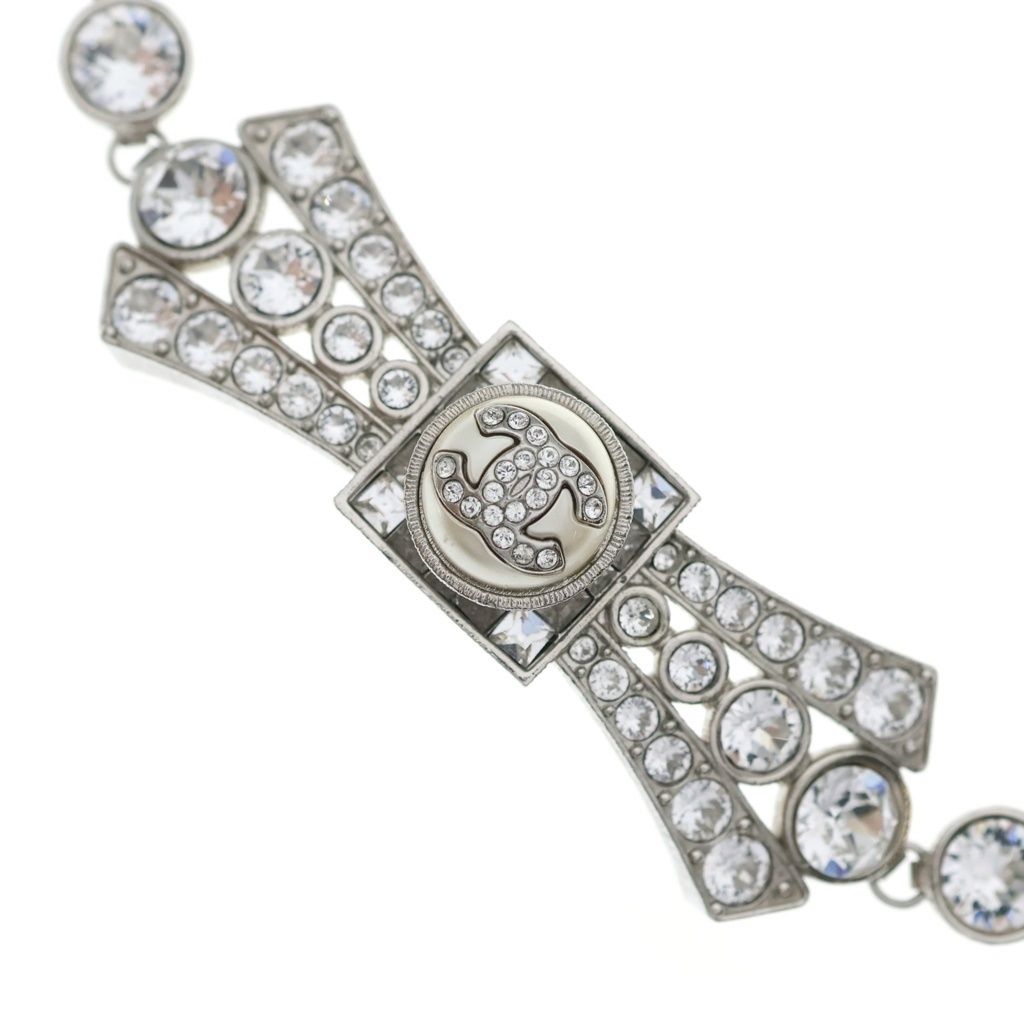 Chanel CC Logo Rhinestone Ribbon Choker Necklace Silver