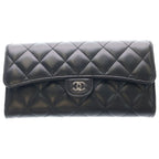 Chanel Quilted Bifold Wallet Card Case Black Lambskin Silver
