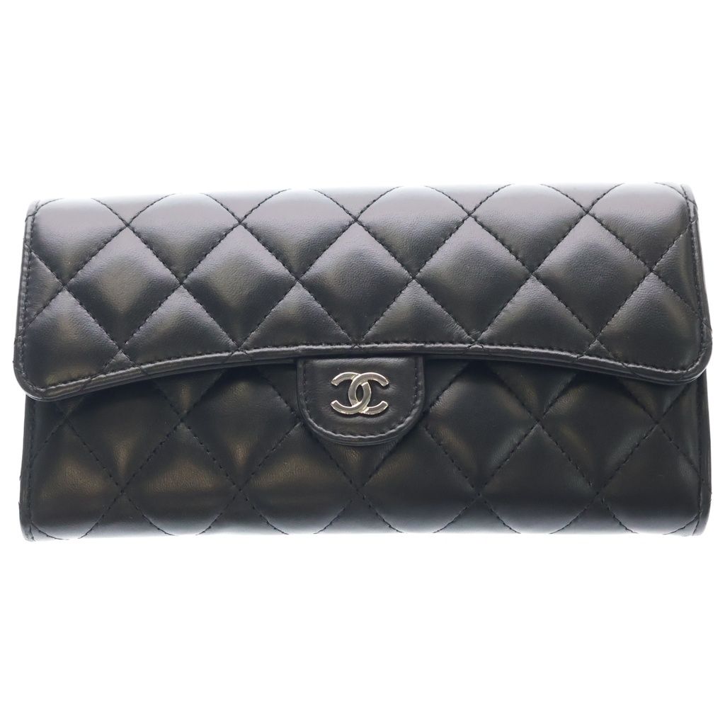 Chanel Quilted Bifold Wallet Card Case Black Lambskin Silver