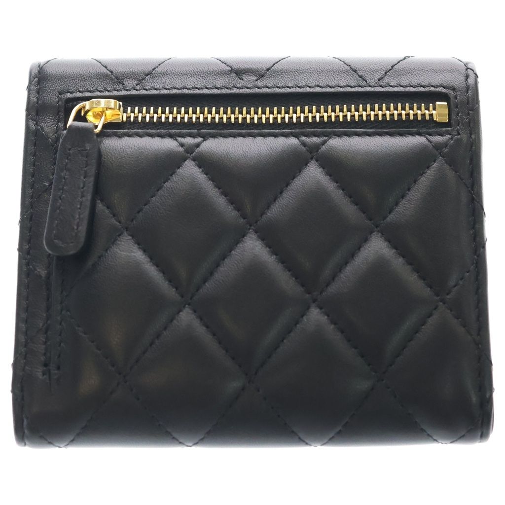 Chanel Quilted Trifold Wallet Compact Coin Case Black Lambskin Gold — view 2