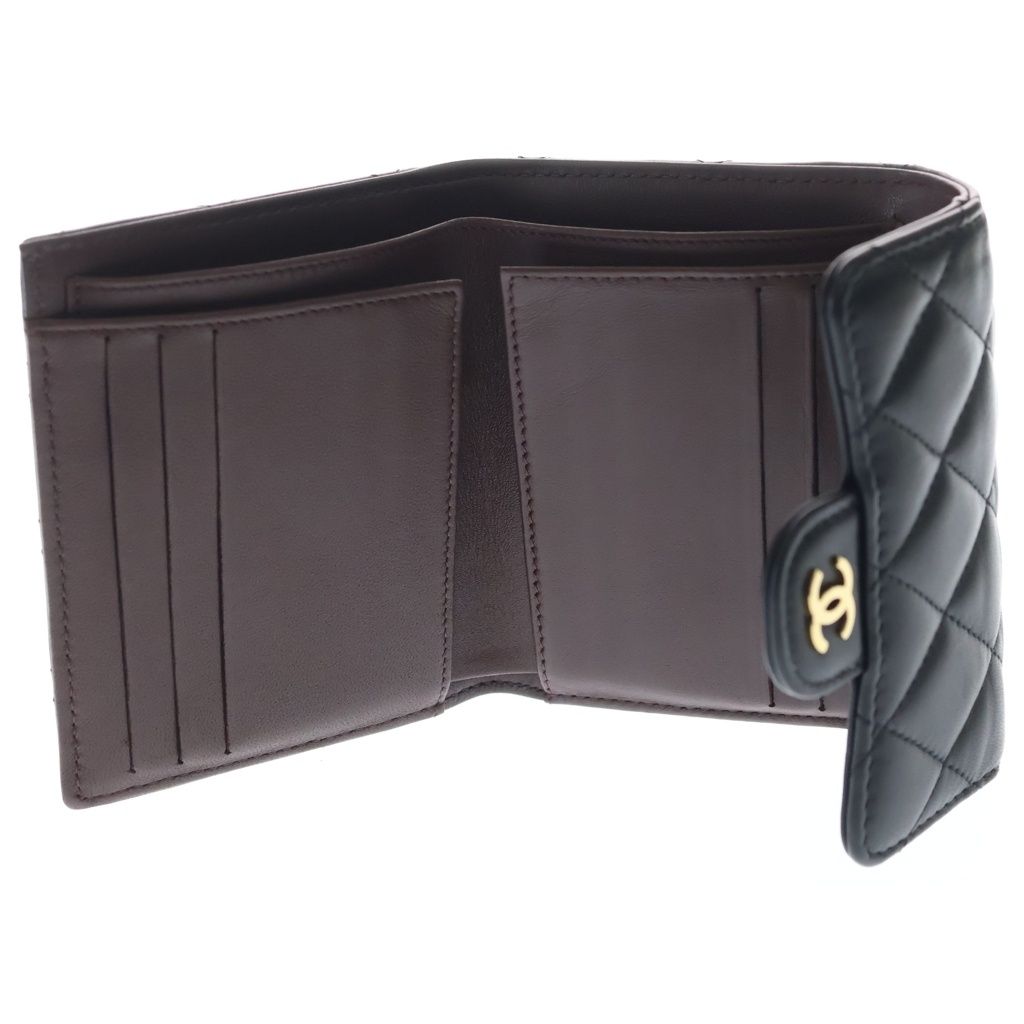 Chanel Quilted Trifold Wallet Compact Coin Case Black Lambskin Gold — view 4