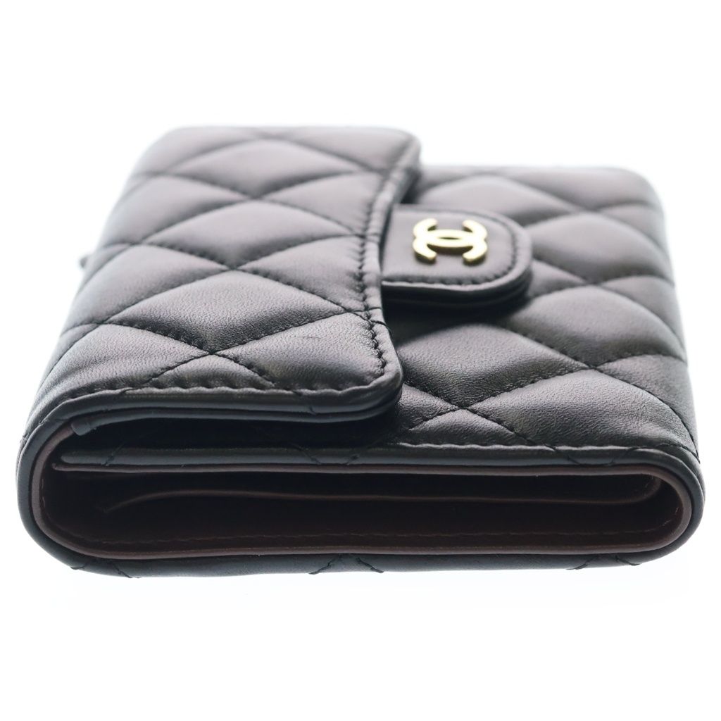 Chanel Quilted Trifold Wallet Compact Coin Case Black Lambskin Gold — view 3