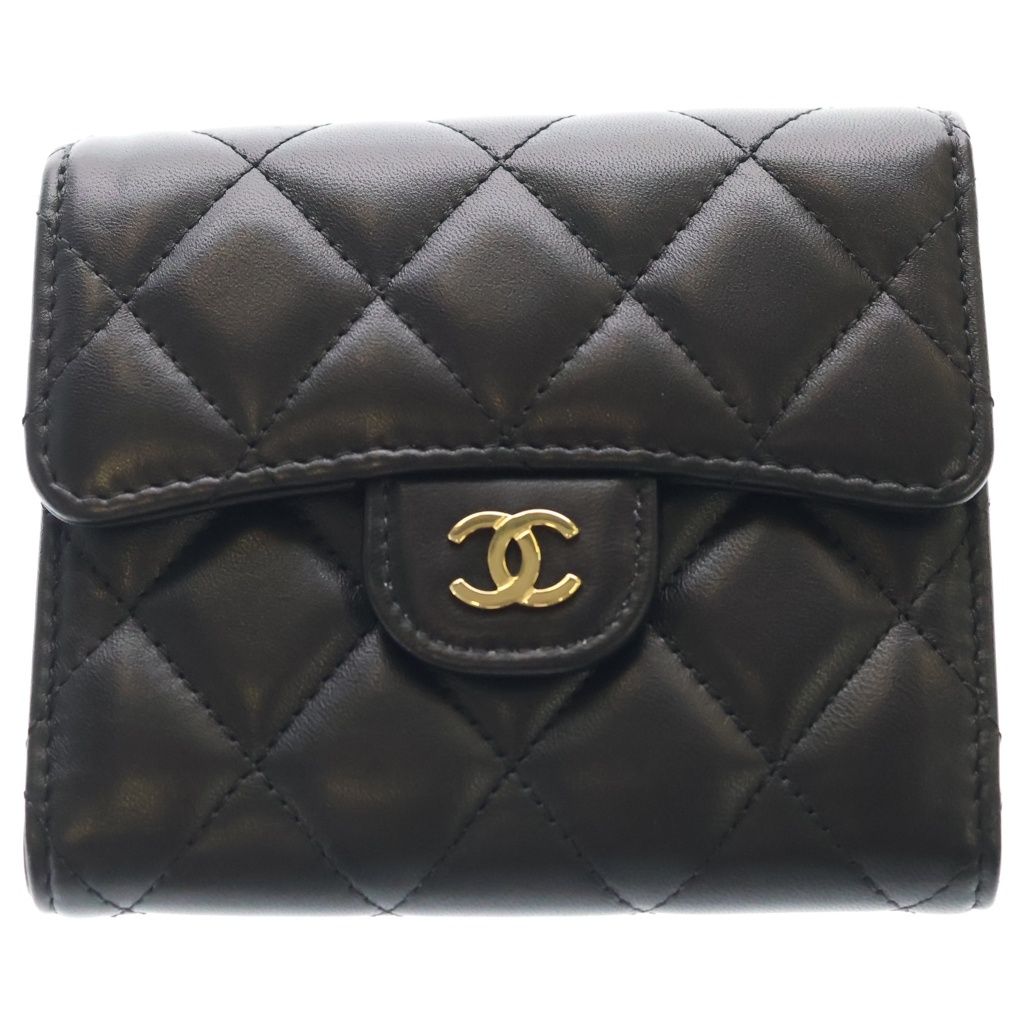 Chanel Quilted Trifold Wallet Compact Coin Case Black Lambskin Gold