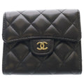 Chanel Quilted Trifold Wallet Compact Coin Case Black Lambskin Gold