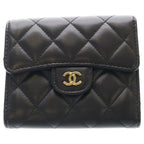 Chanel Quilted Trifold Wallet Compact Coin Case Black Lambskin Gold