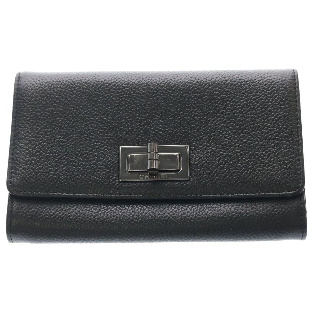 Chanel Turnlock Wallet Card Case Black Caviar Leather Silver