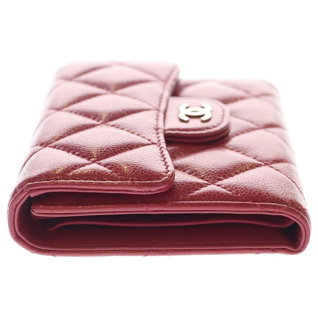 Chanel Quilted Bifold Wallet Compact Coin Case Caviar Leather Red Gold — view 3
