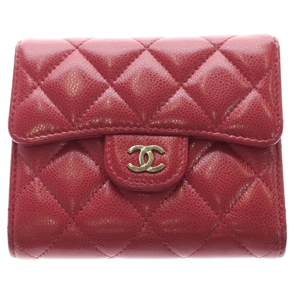 Chanel Quilted Bifold Wallet Compact Coin Case Caviar Leather Red Gold