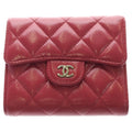 Chanel Quilted Bifold Wallet Compact Coin Case Caviar Leather Red Gold