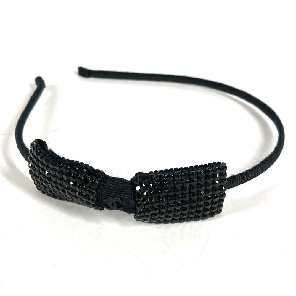 Chanel Headband Ribbon Logo CC Rhinestone Canvas Black