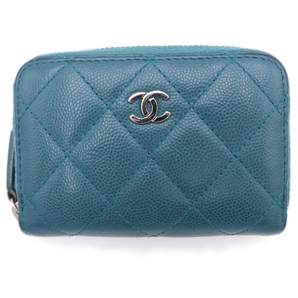 Chanel Quilted Caviar Leather Silver Coin Purse Compact Wallet Green