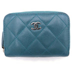 Chanel Quilted Caviar Leather Silver Coin Purse Compact Wallet Green