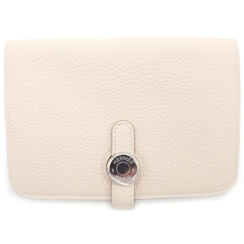 Hermes Dogon Compact Taurillon Silver Bifold Wallet Card Case Beton White