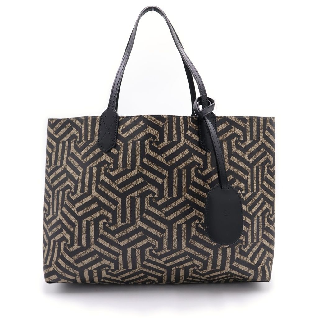 Gucci GG Carre Ido Reversible Tote Leather Shoulder Bag Black Beige