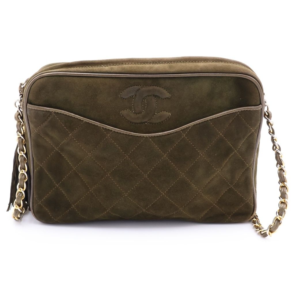 Chanel Quilted CC Logo Suede Fringe Tassel Chain Shoulder Bag Green