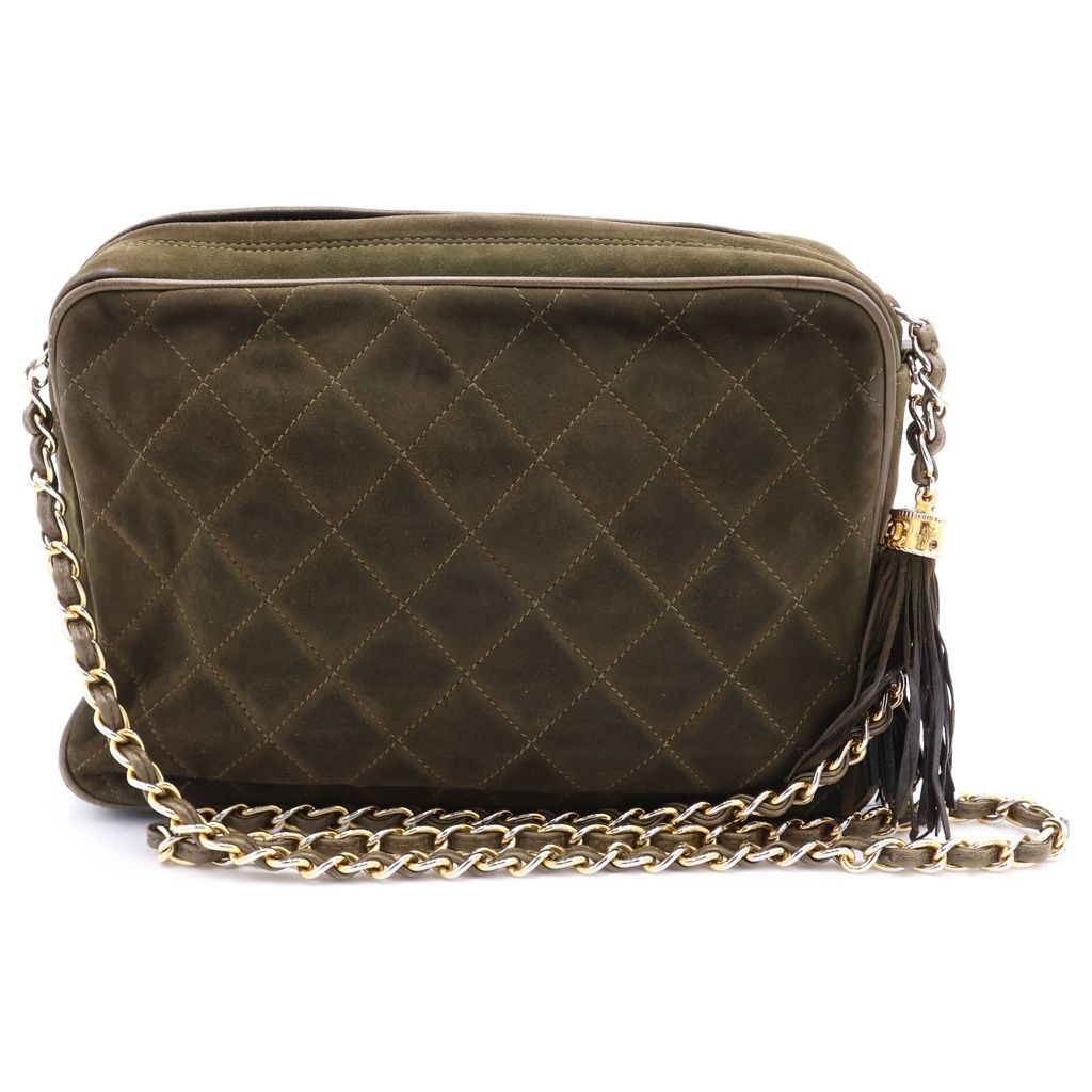 Chanel Quilted CC Logo Suede Fringe Tassel Chain Shoulder Bag Green — view 2