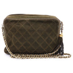 Chanel Quilted CC Logo Suede Fringe Tassel Chain Shoulder Bag Green — view 2
