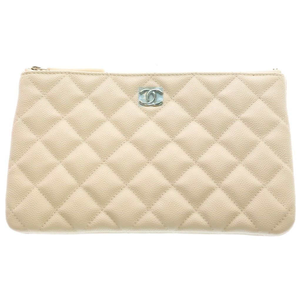 Chanel Quilted Pouch Caviar Leather White Gold White