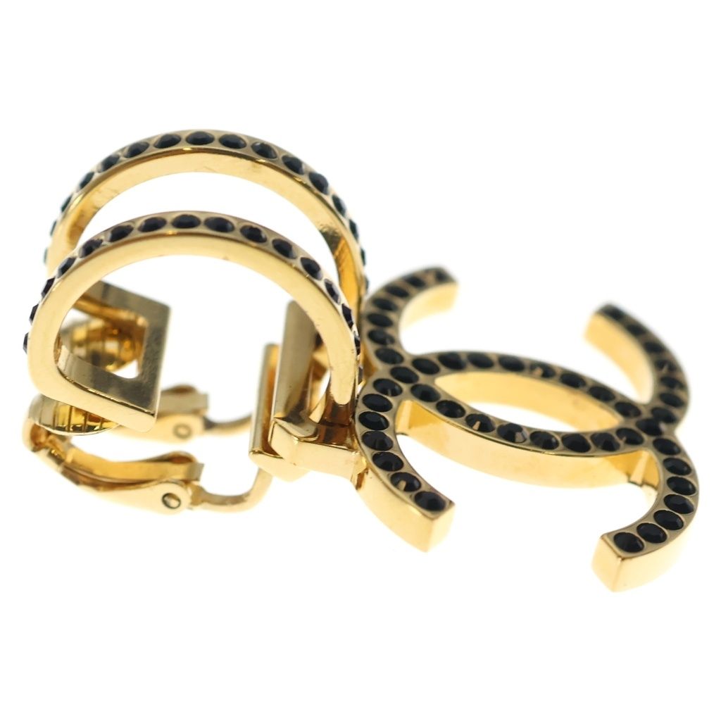 Chanel CC Logo Rhinestone Earrings Gold Black — view 4