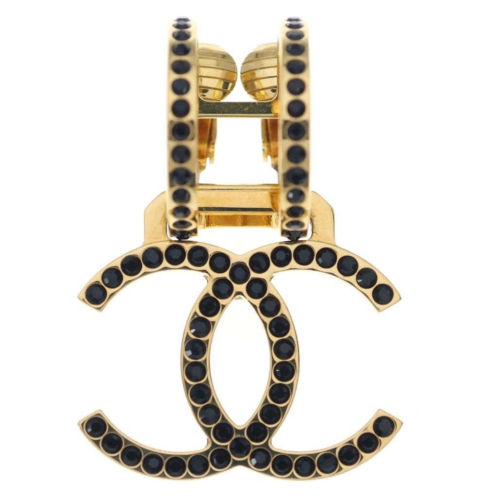 Chanel CC Logo Rhinestone Earrings Gold Black