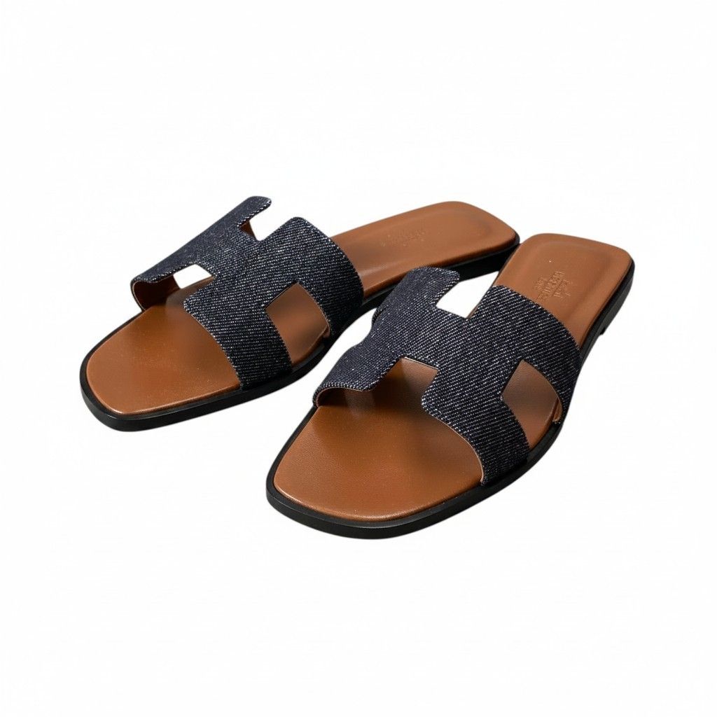 Hermes Kept Oran Denim Sandals 37.5 Indigo