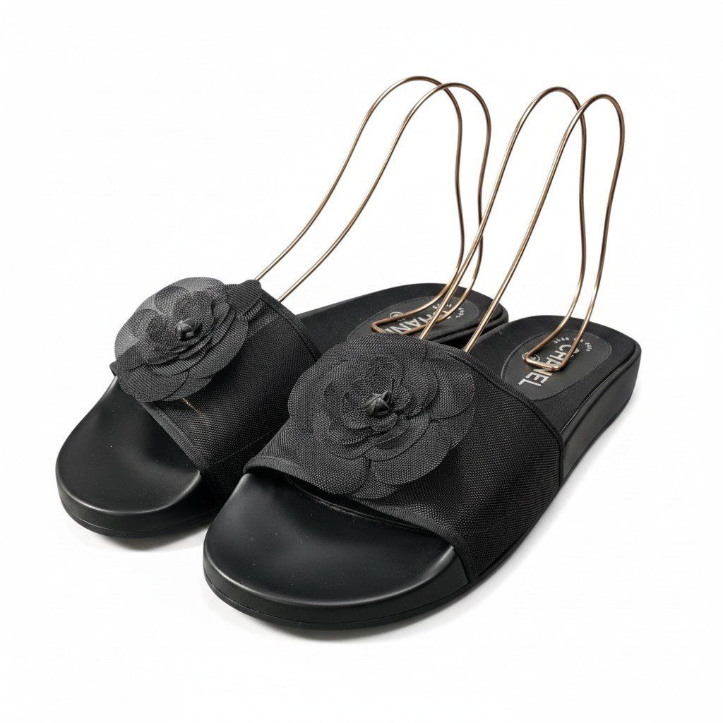 Chanel Camellia Mesh Sandals 39 Black