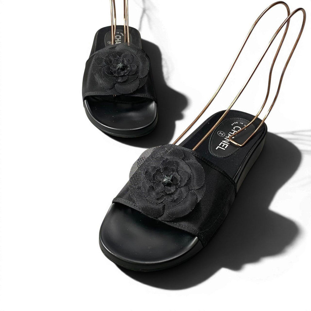 Chanel Camellia Mesh Sandals 39 Black — view 3